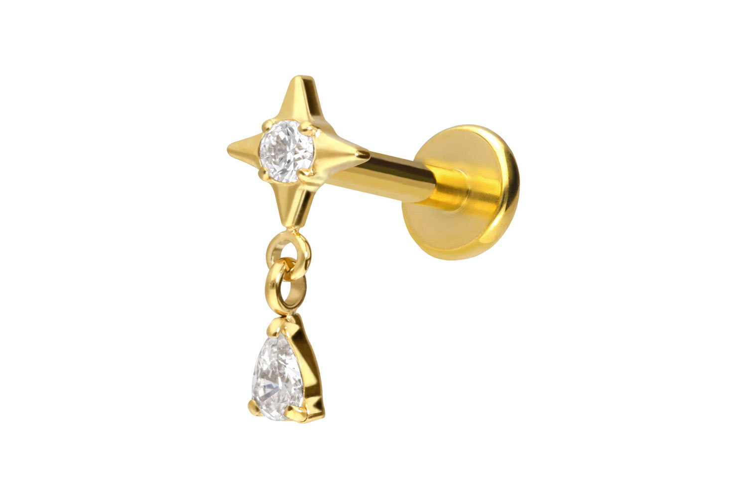 Titan Labret Piercing mit Push Fit STERN + KRISTALLTROPFEN